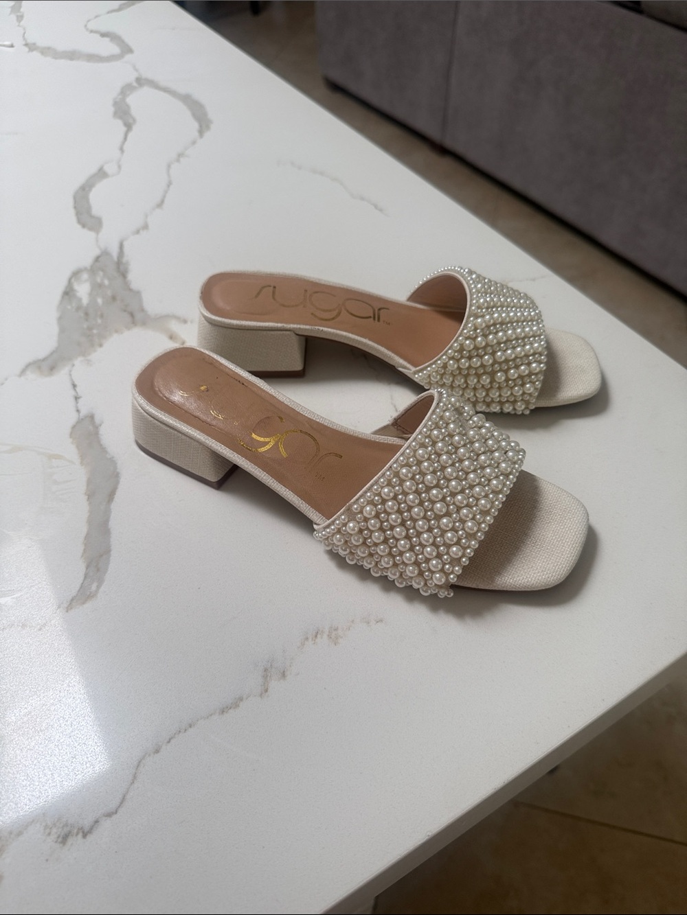 Sugar Pearl-Embellished Cream Slide Mules